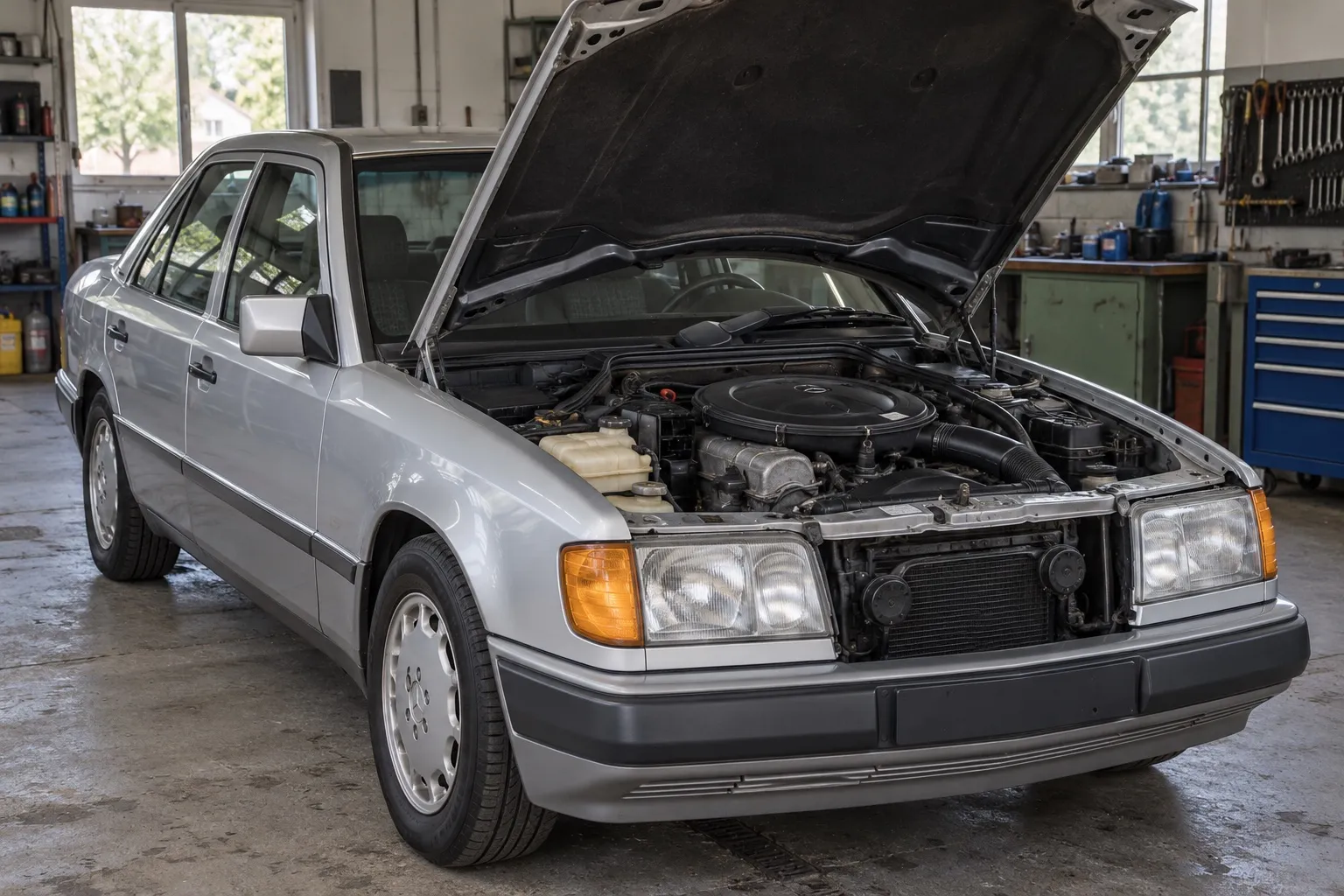 Классический бензиновый Mercedes с механическим впрыском и открытым капотом в мастерской