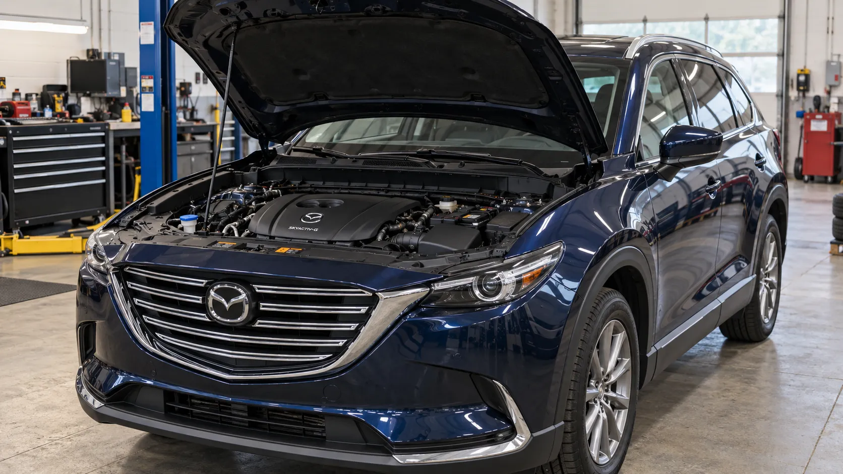 Mazda CX-9 с открытым капотом в мастерской