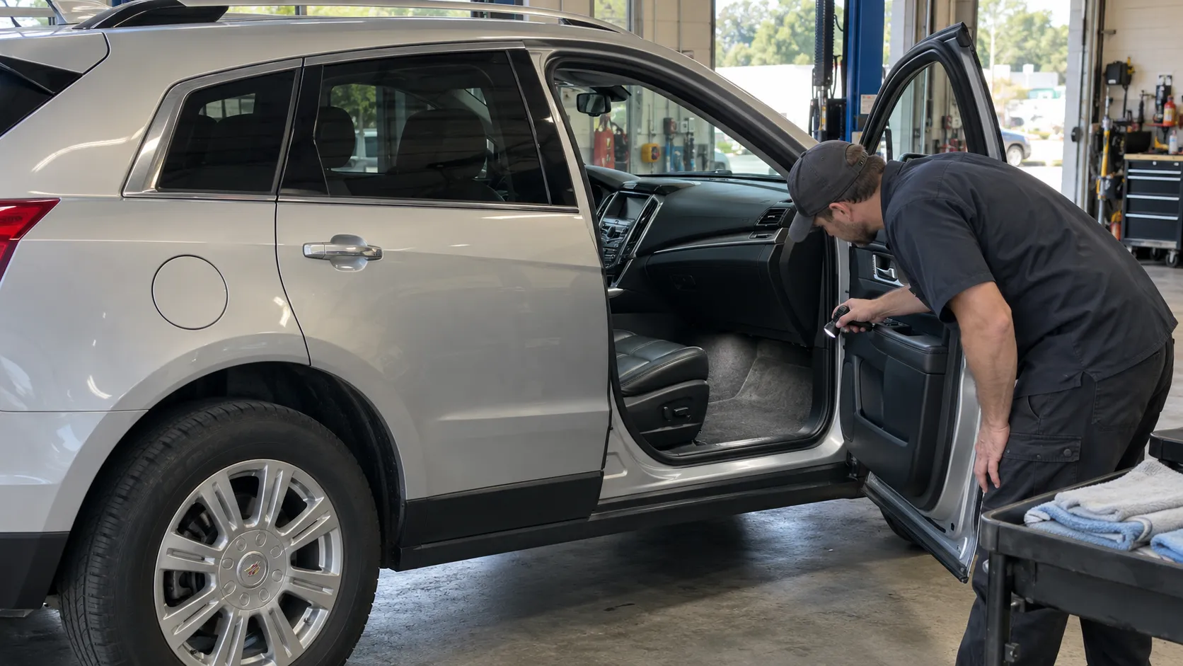 Механик осматривает передний пассажирский пол Cadillac SRX при открытой двери