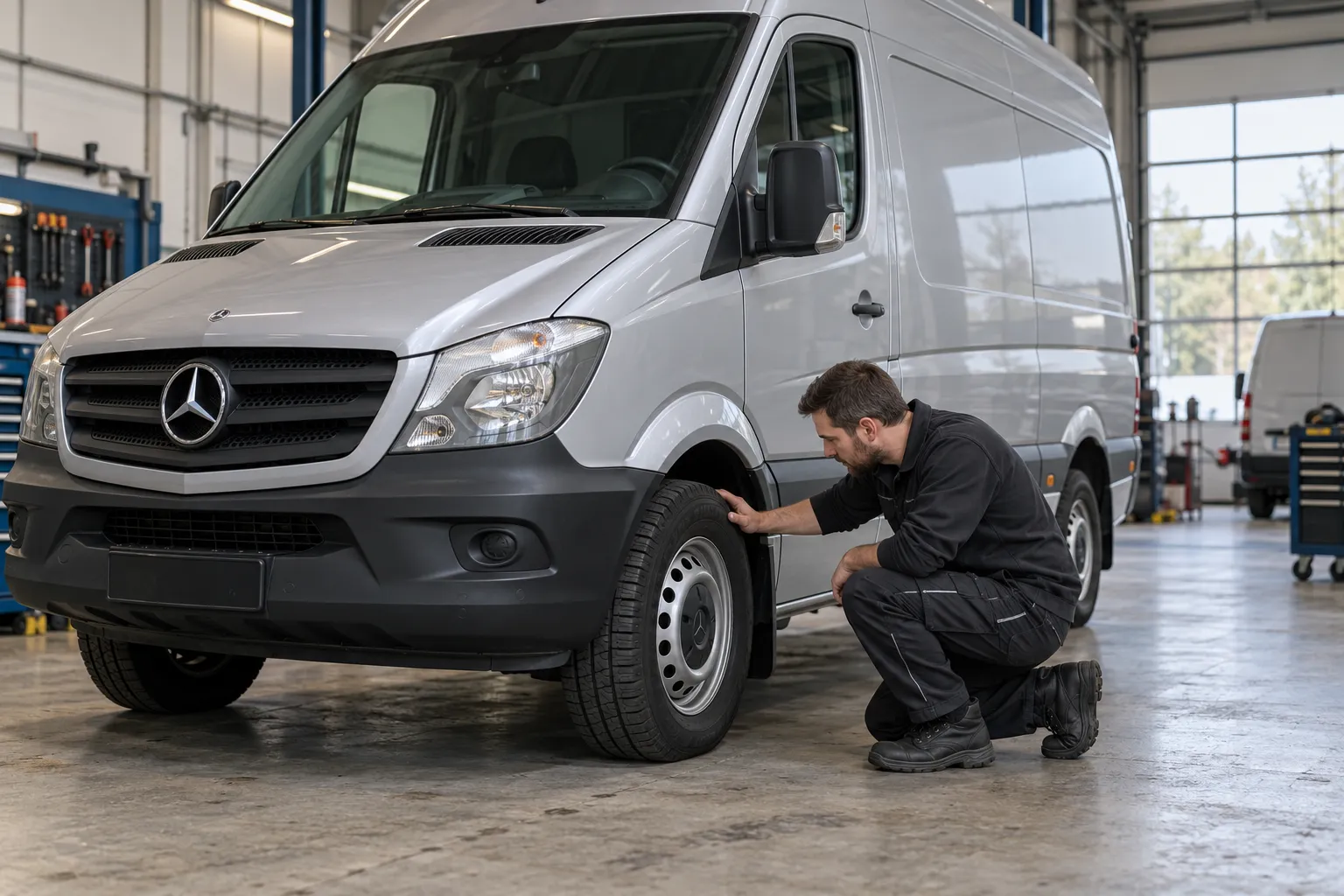 Осмотр переднего колеса неподвижного Mercedes Sprinter в мастерской
