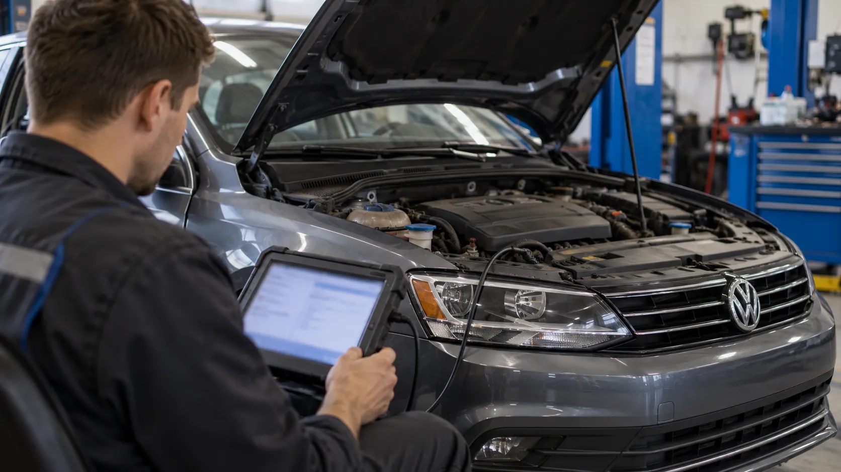 Диагностика Volkswagen Jetta с открытым капотом
