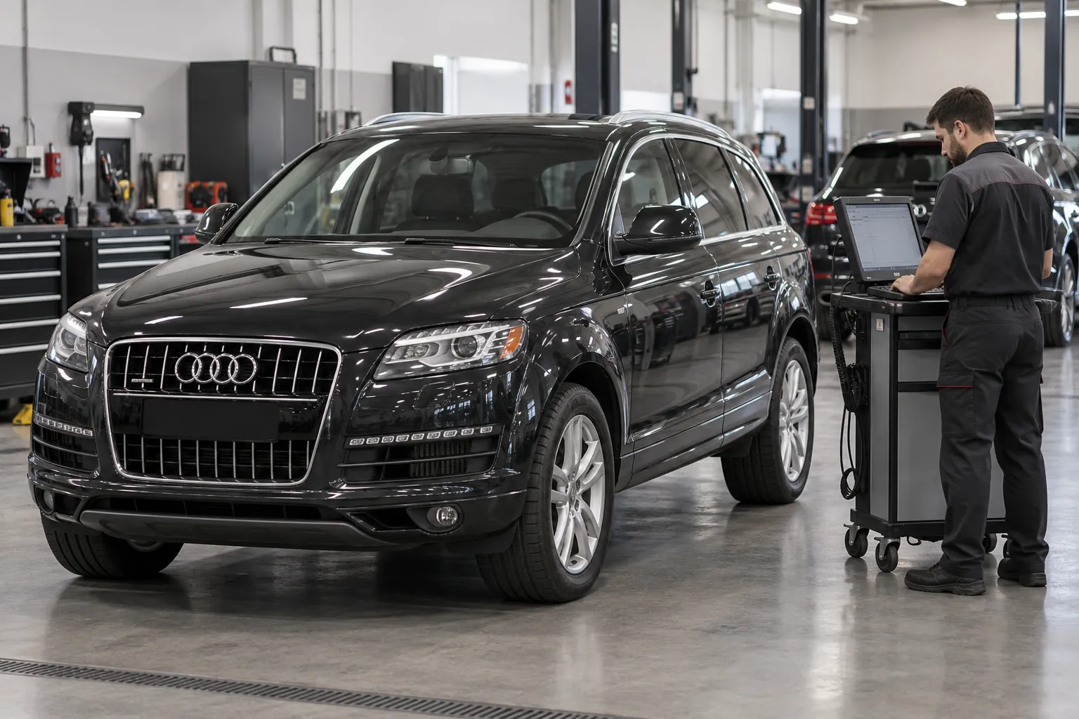 Audi Q7 на ровном полу ремонтной мастерской