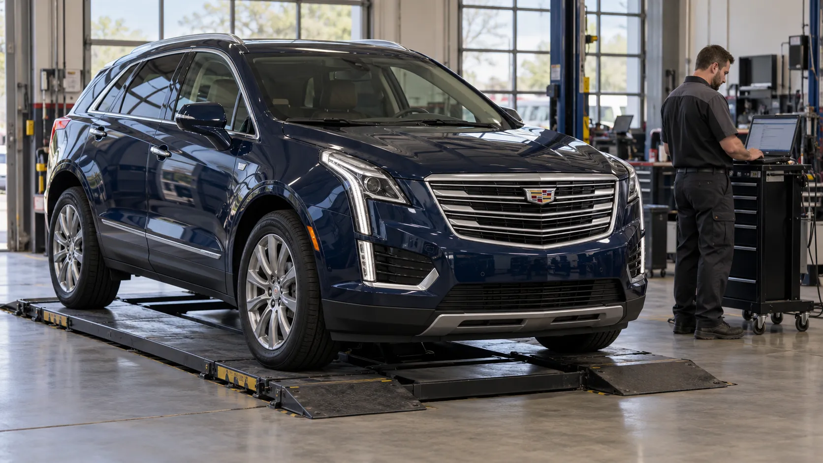 Cadillac XT5 первого поколения на платформе рядом с диагностическим оборудованием