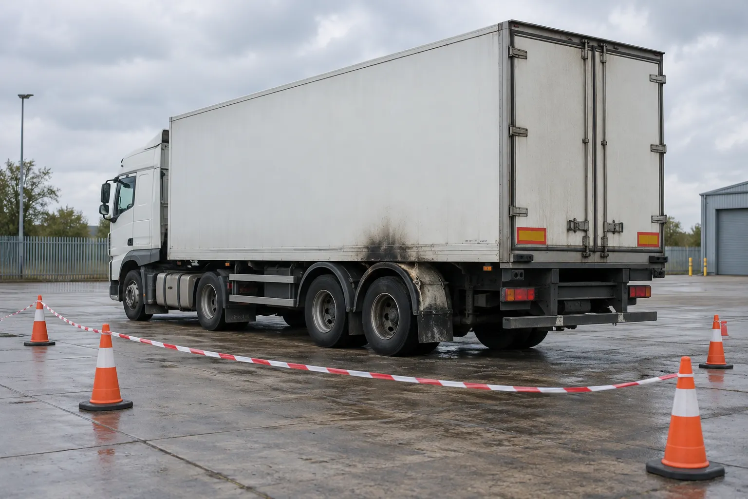 Грузовой автомобиль на изолированной площадке после происшествия с колесом, без людей рядом с шиной