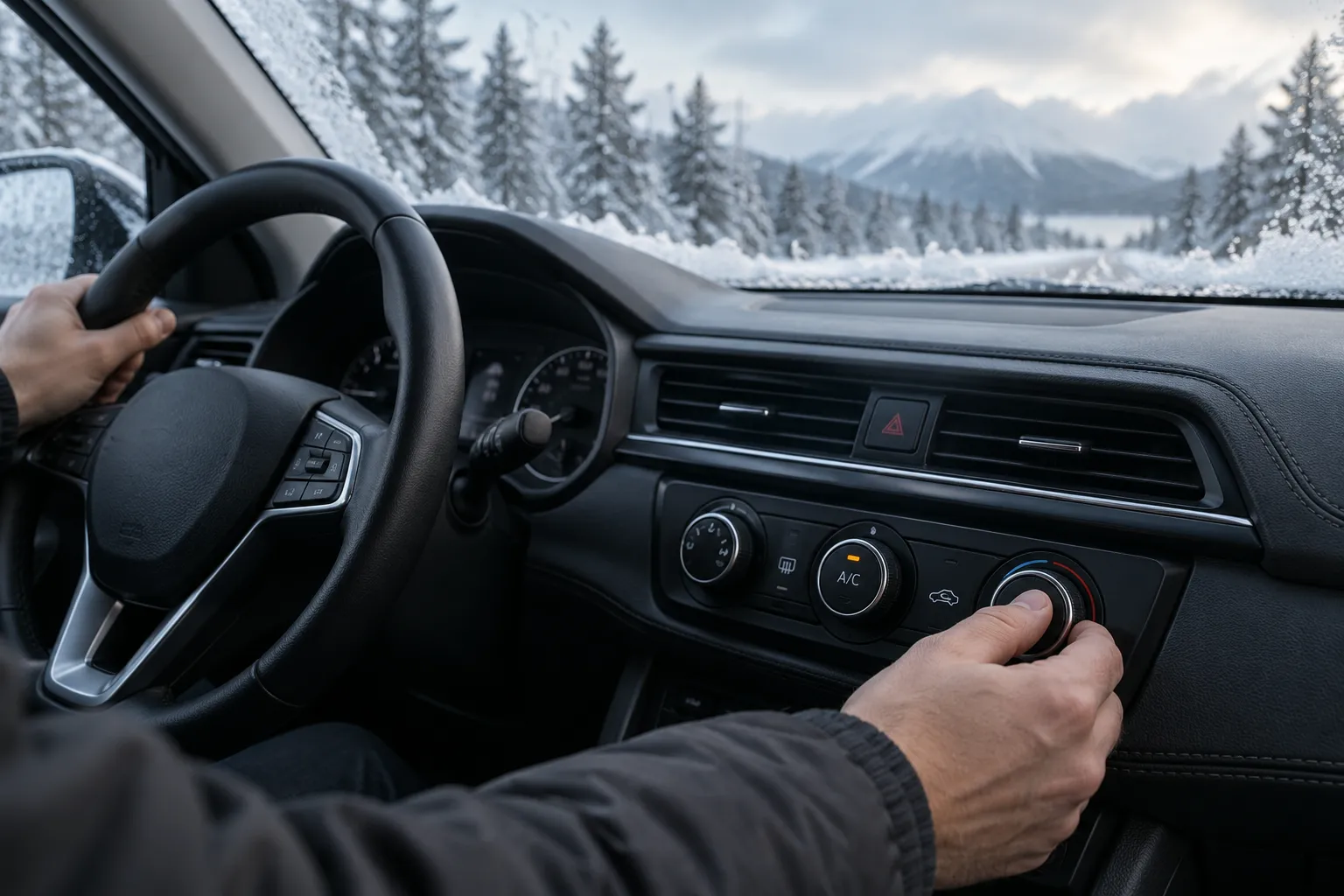 Панель климат-контроля автомобиля зимой с включённым индикатором A/C