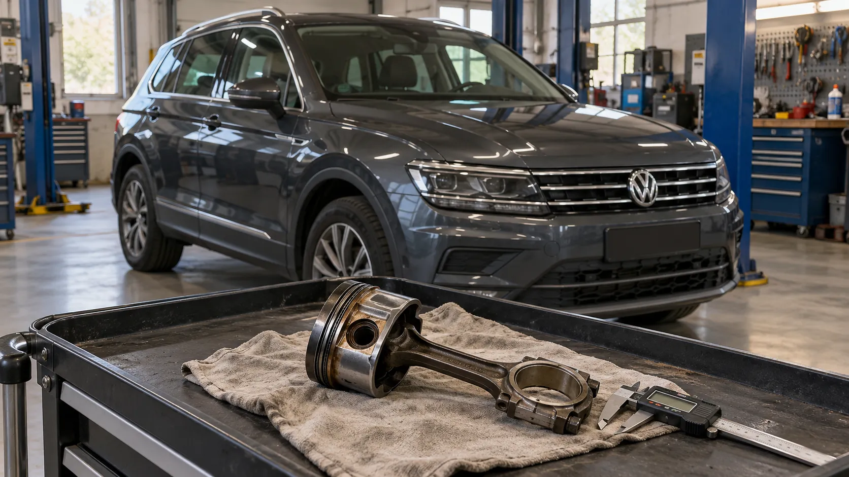 Поршень с шатуном и штангенциркуль на тележке перед Volkswagen Tiguan II