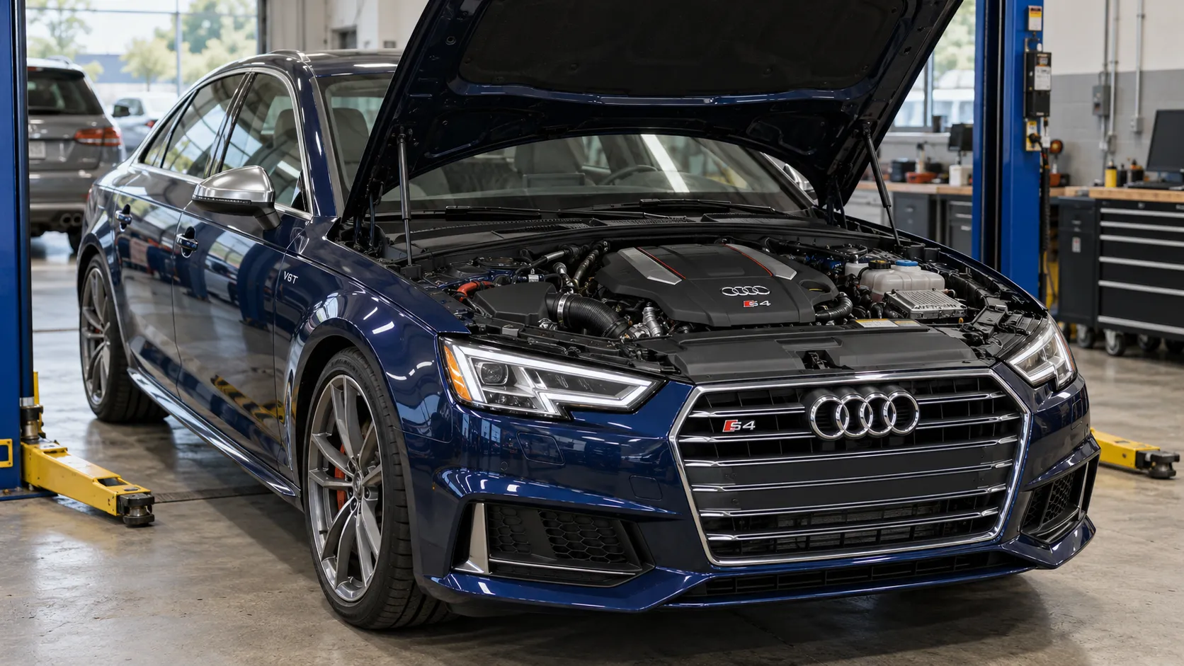 Audi S4 в сервисном боксе с открытым капотом
