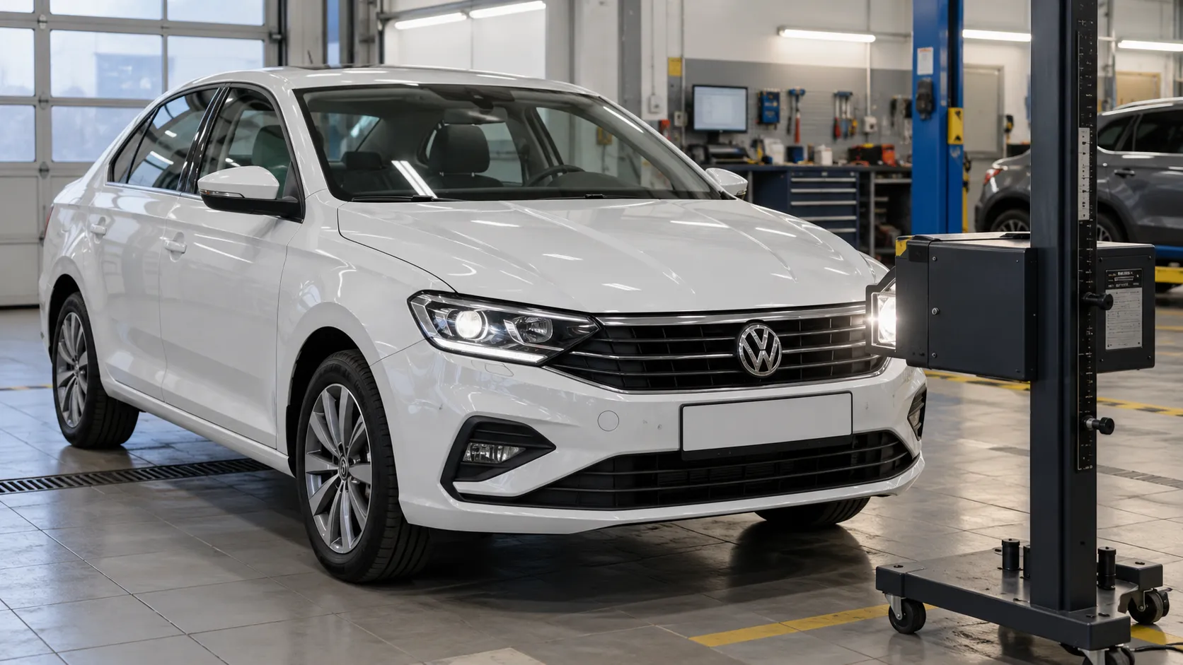 Передняя часть Volkswagen Polo лифтбек с проекционными LED-фарами на посту проверки света