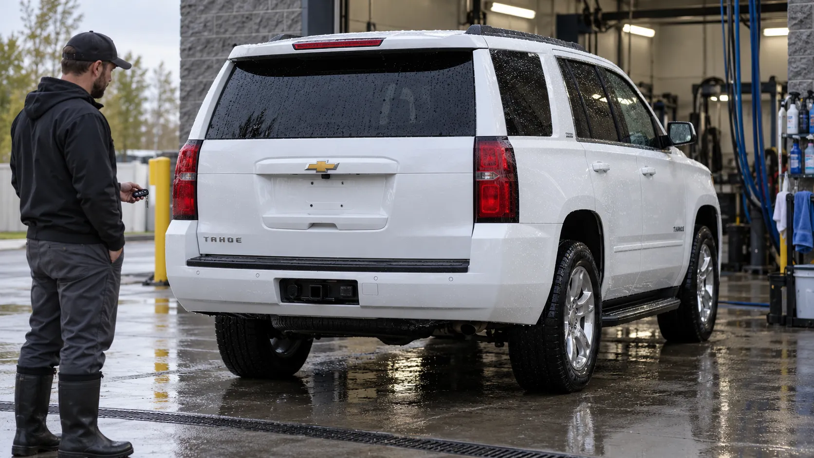 Белый Chevrolet Tahoe четвёртого поколения у мойки, рядом сотрудник с брелоком