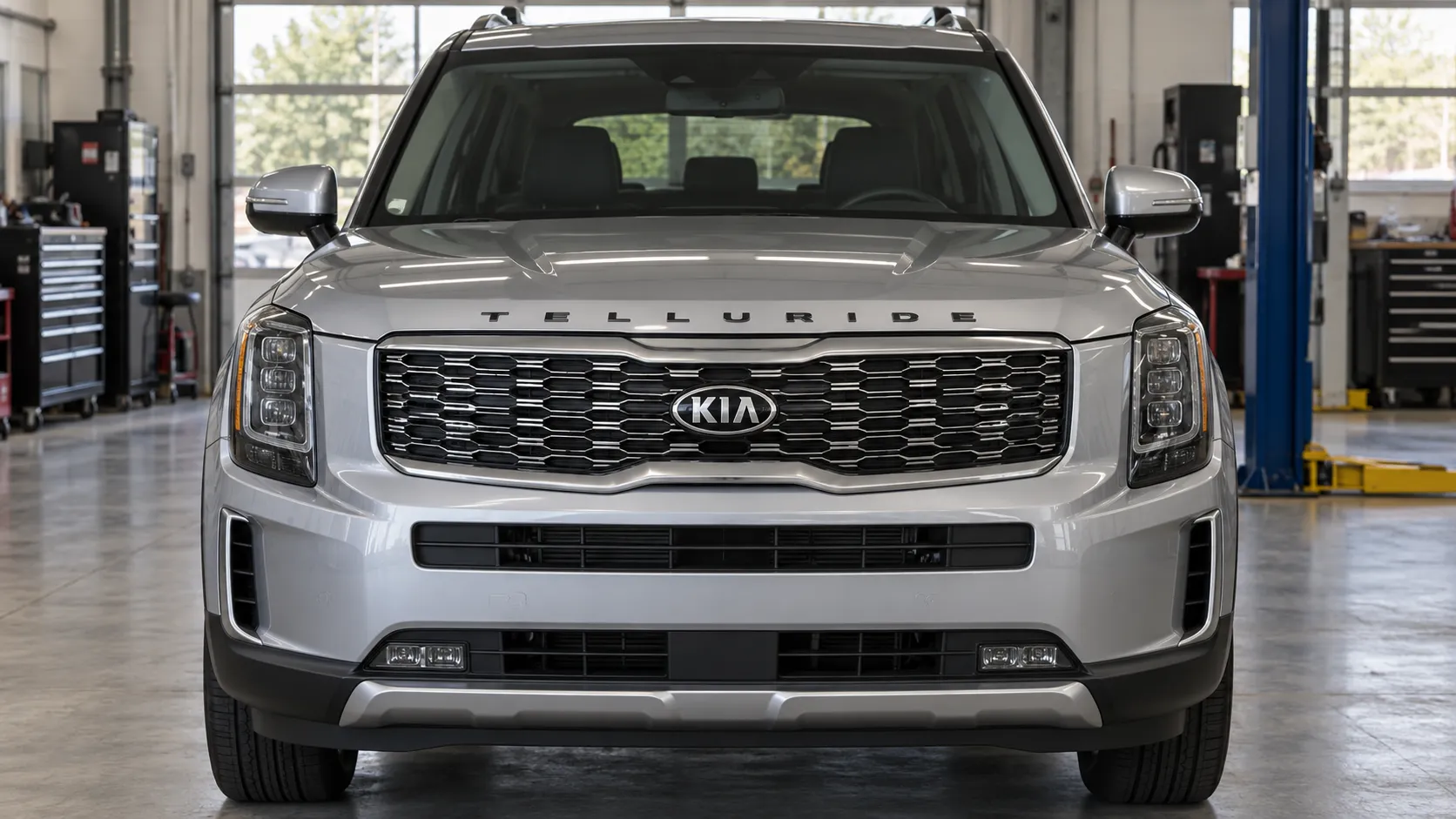 Серебристый Kia Telluride в мастерской, вид спереди
