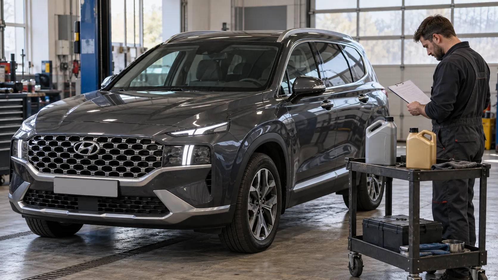 Дизельный Hyundai Santa Fe после рестайлинга в сервисном боксе