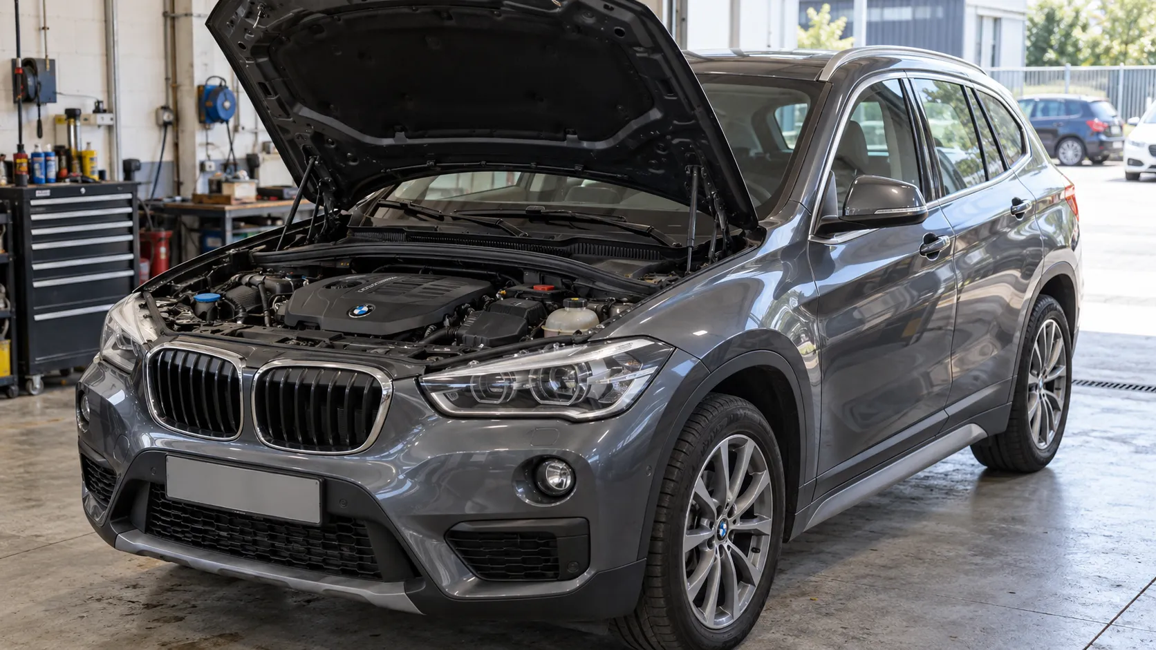 BMW X1 F48 в мастерской с открытым капотом