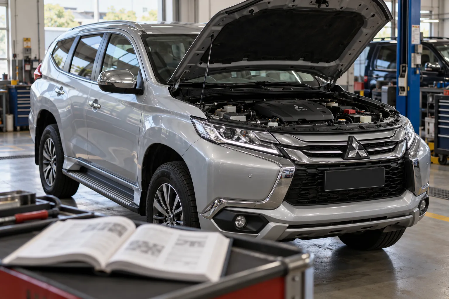 Mitsubishi Pajero Sport с открытым капотом и руководством по ремонту