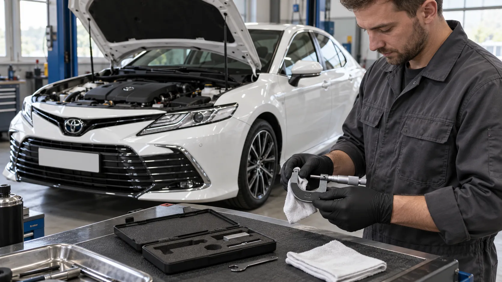 Механик готовит микрометр к измерению деталей двигателя Toyota Camry