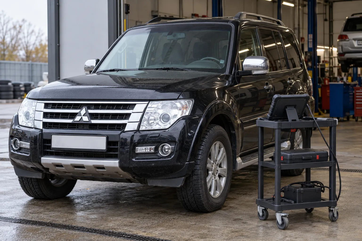 Mitsubishi Pajero IV рядом с диагностическим планшетом