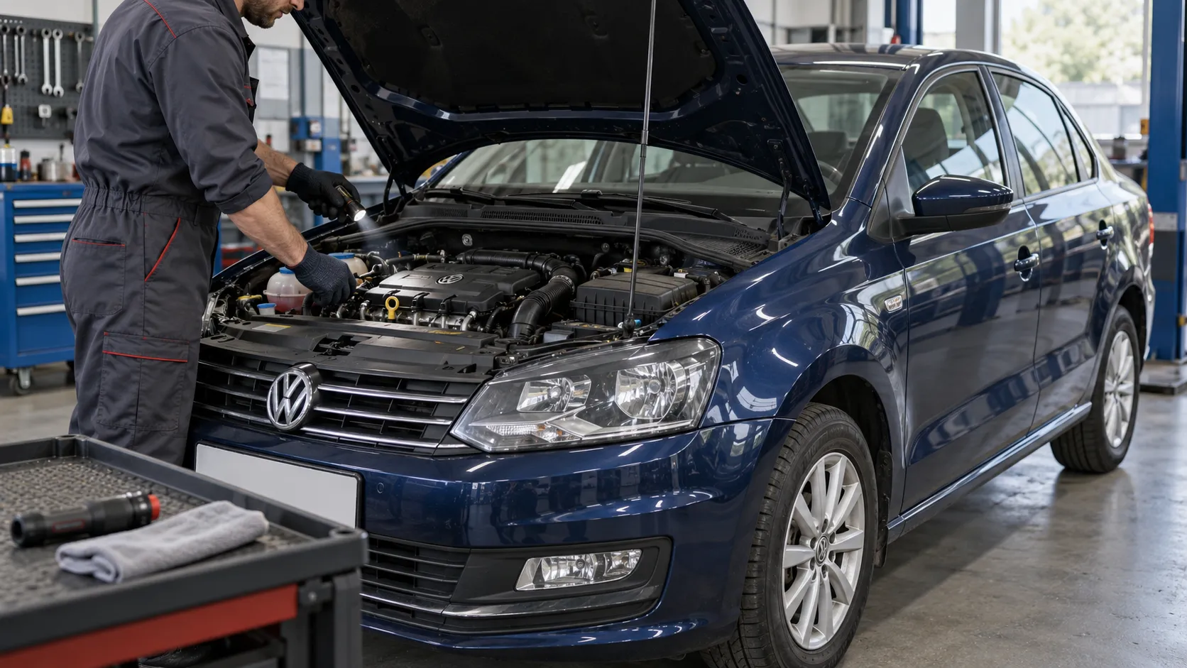 Volkswagen Polo в мастерской при диагностике течи масла в верхней части двигателя