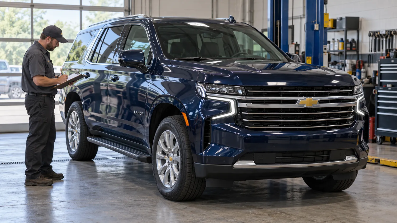 Chevrolet Tahoe пятого поколения и мастер с листом осмотра в сервисном боксе