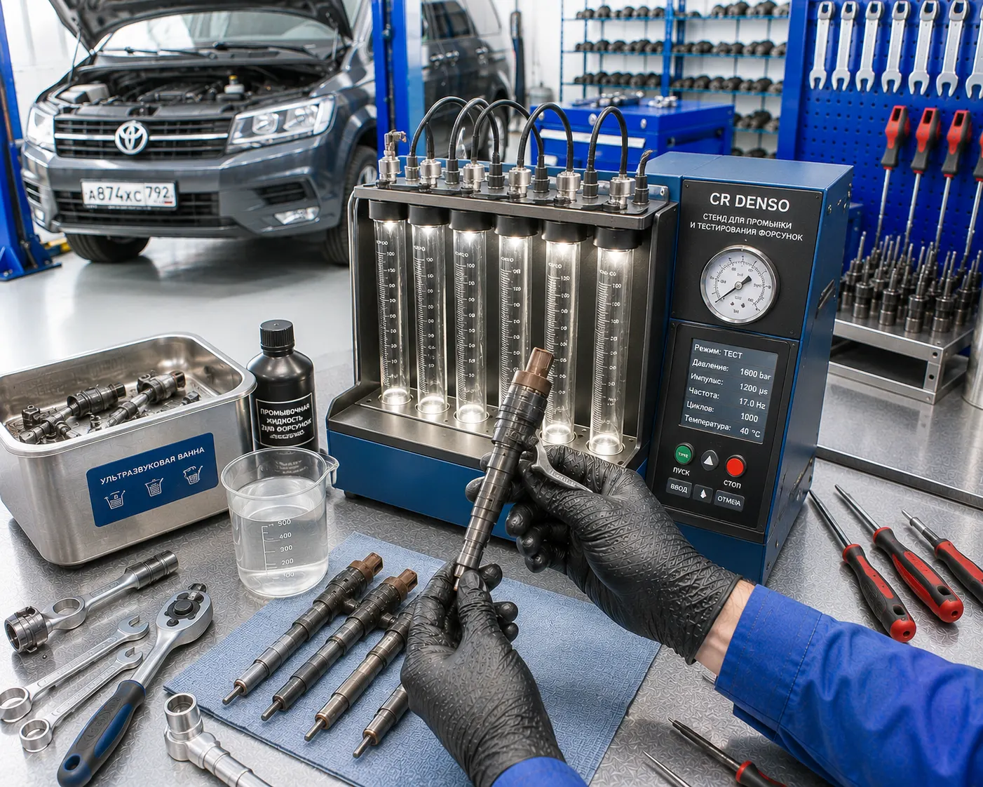 Проверка дизельной форсунки CR Denso на стенде перед ремонтом в Домодедово