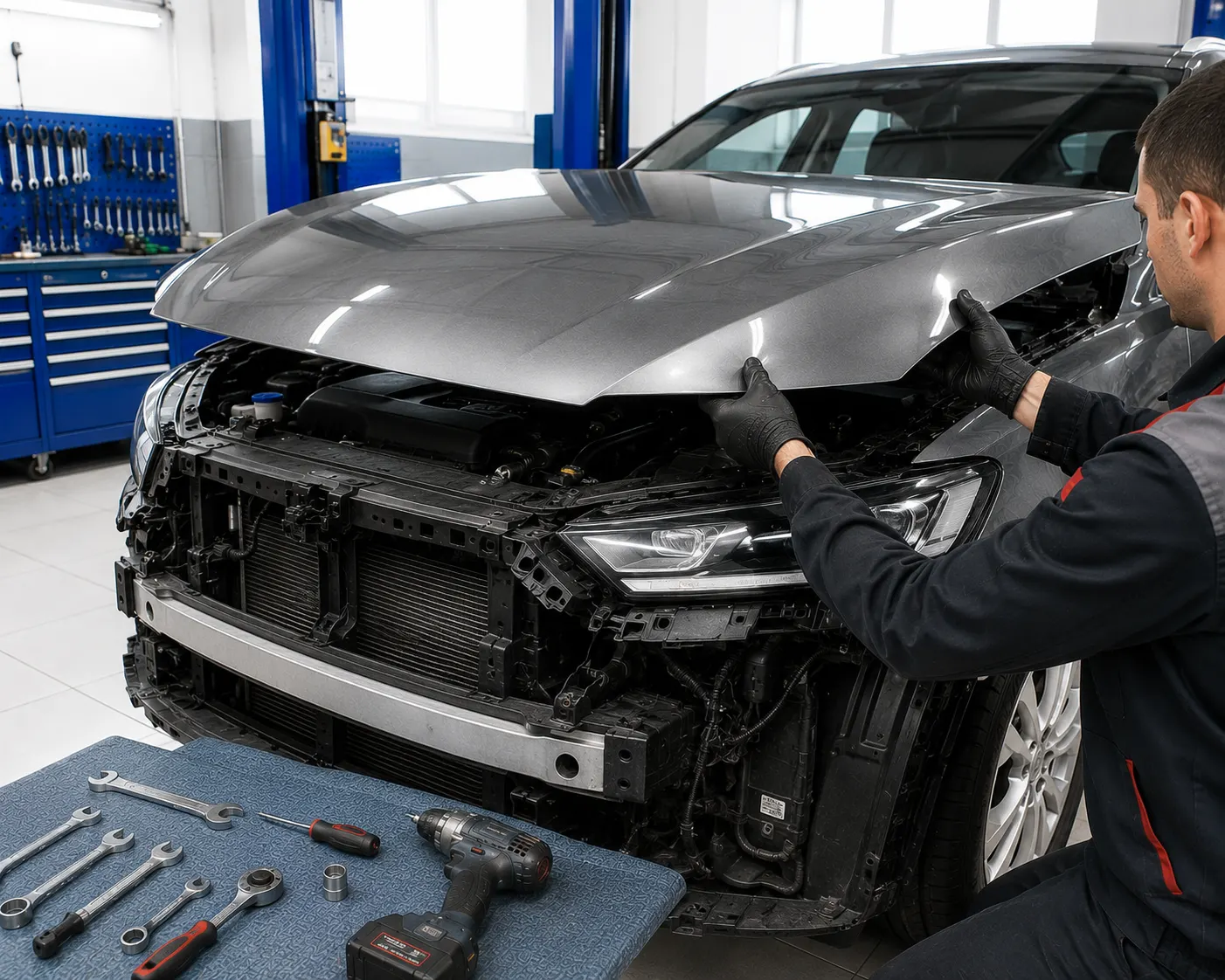 Установка и регулировка нового капота на легковом автомобиле