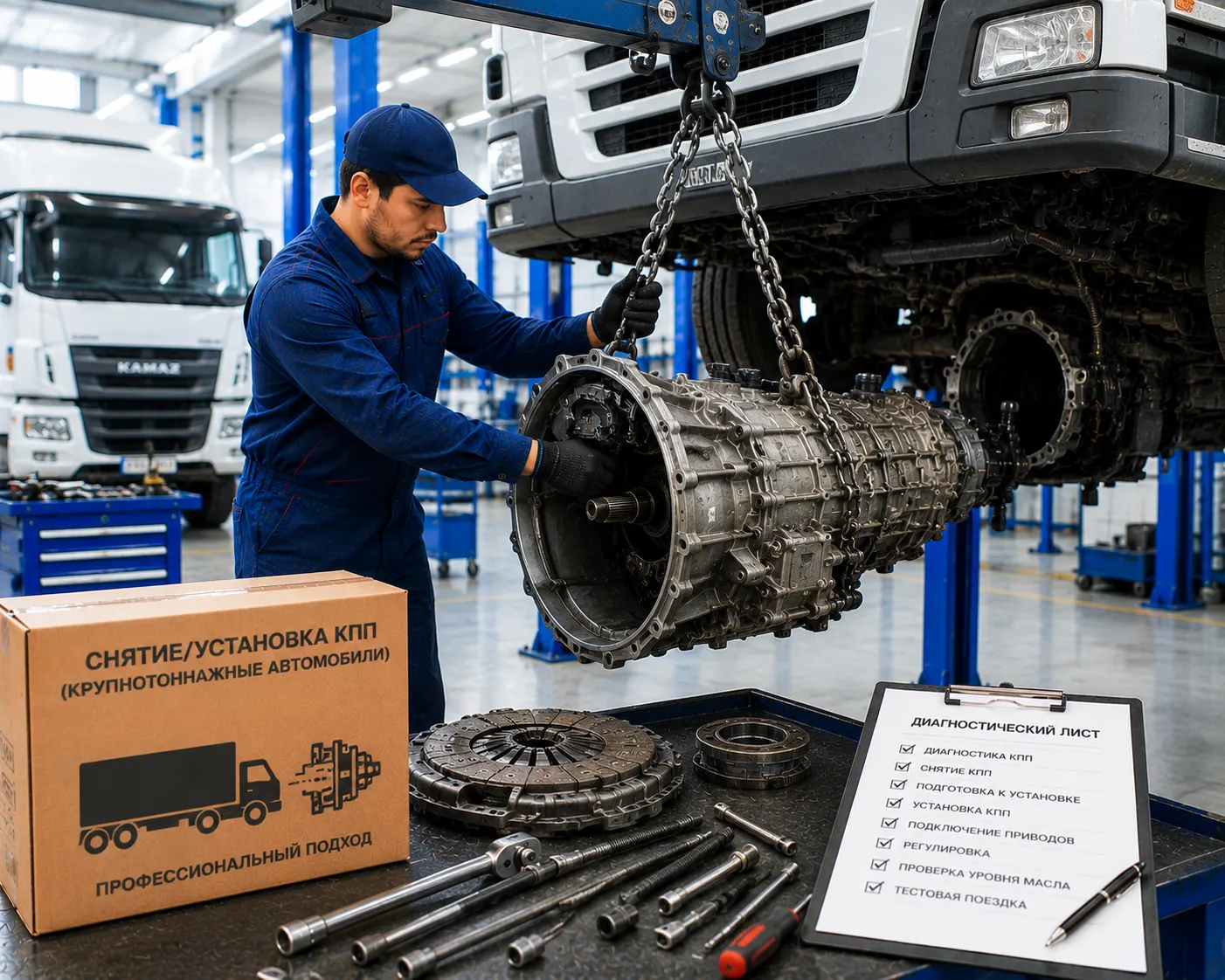 Установка КПП на грузовой автомобиль после ремонта трансмиссии на территории ВИСТ